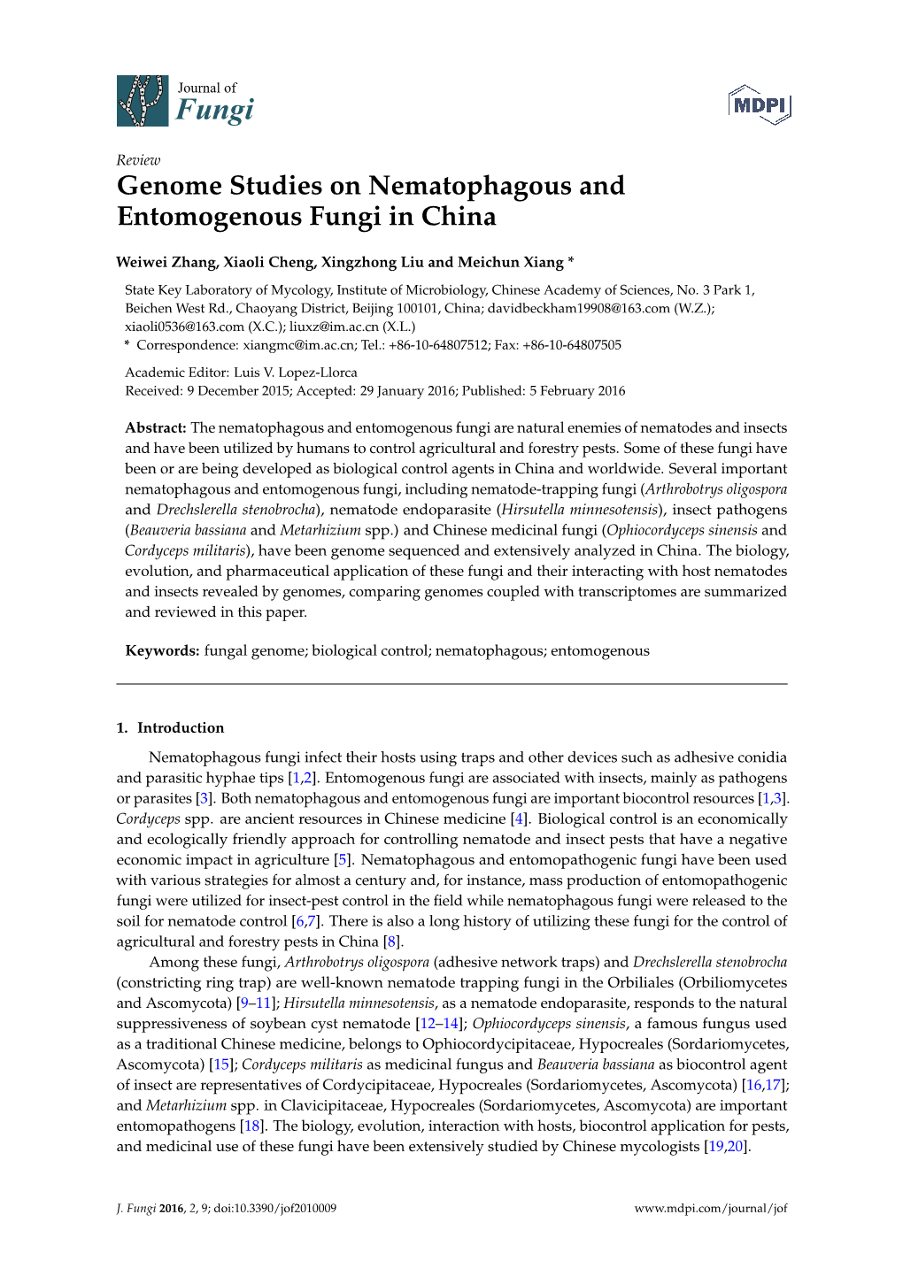 Genome Studies on Nematophagous and Entomogenous Fungi in China