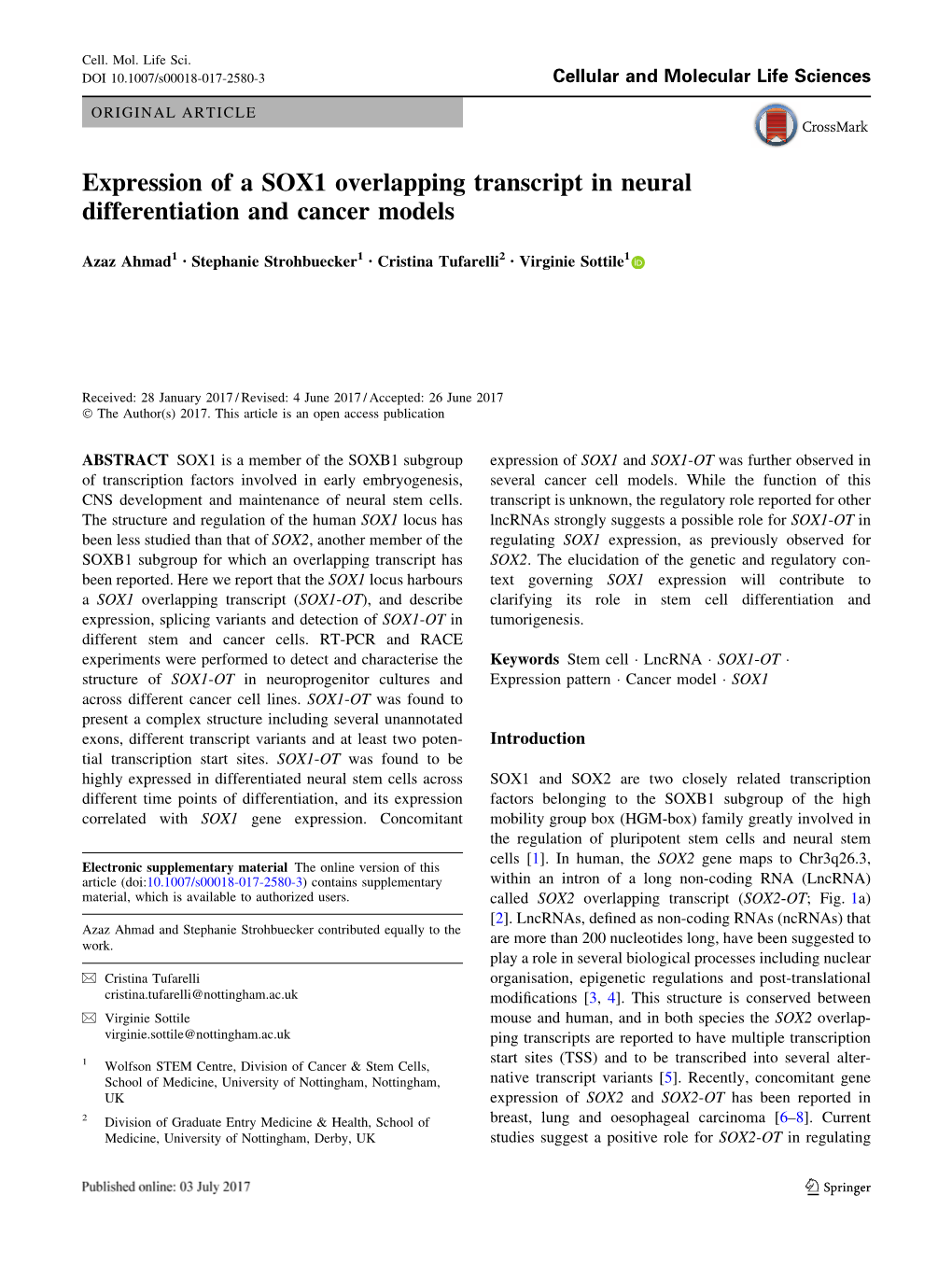 Expression of a SOX1 Overlapping Transcript in Neural Differentiation and Cancer Models