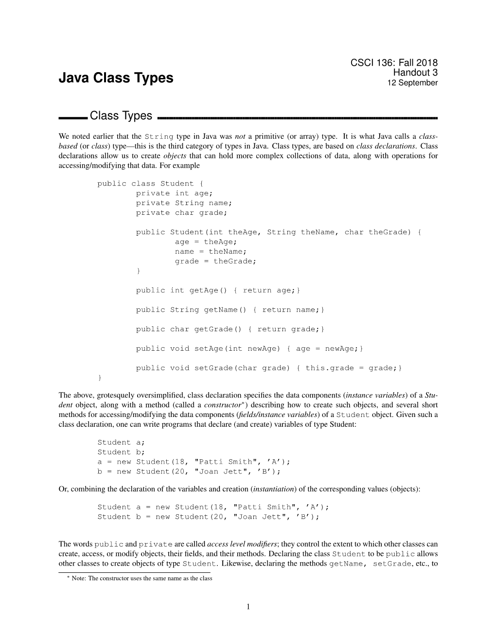 Java Class Types 12 September