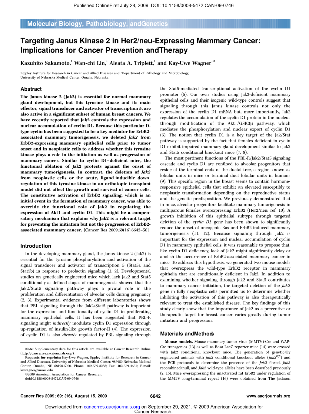 Targeting Janus Kinase 2 in Her2/Neu-Expressing Mammary Cancer: Implications for Cancer Prevention Andtherapy