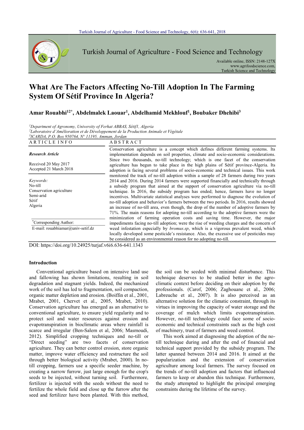 What Are the Factors Affecting No-Till Adoption in the Farming System of Sétif Province in Algeria?