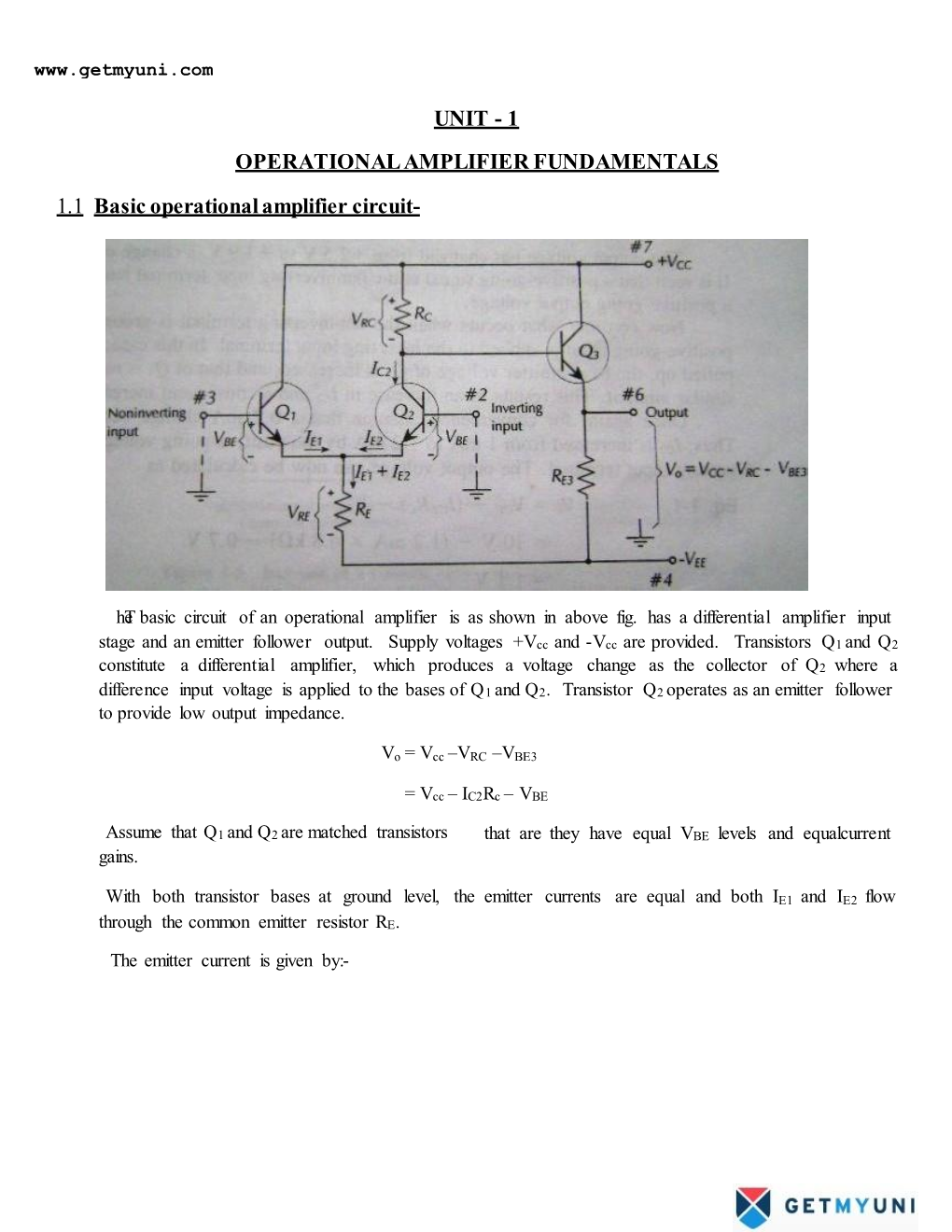 E Basic Circuit of an Operational Amplifier Is As Shown in Above Fig