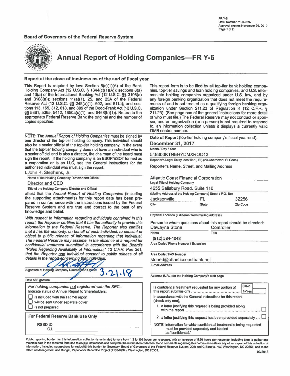 RY-6 0MB Numbar7100.0297 Approval Expires November 30, 2019 Page 1 Of2 Board of Governors of the Federal Reserve System