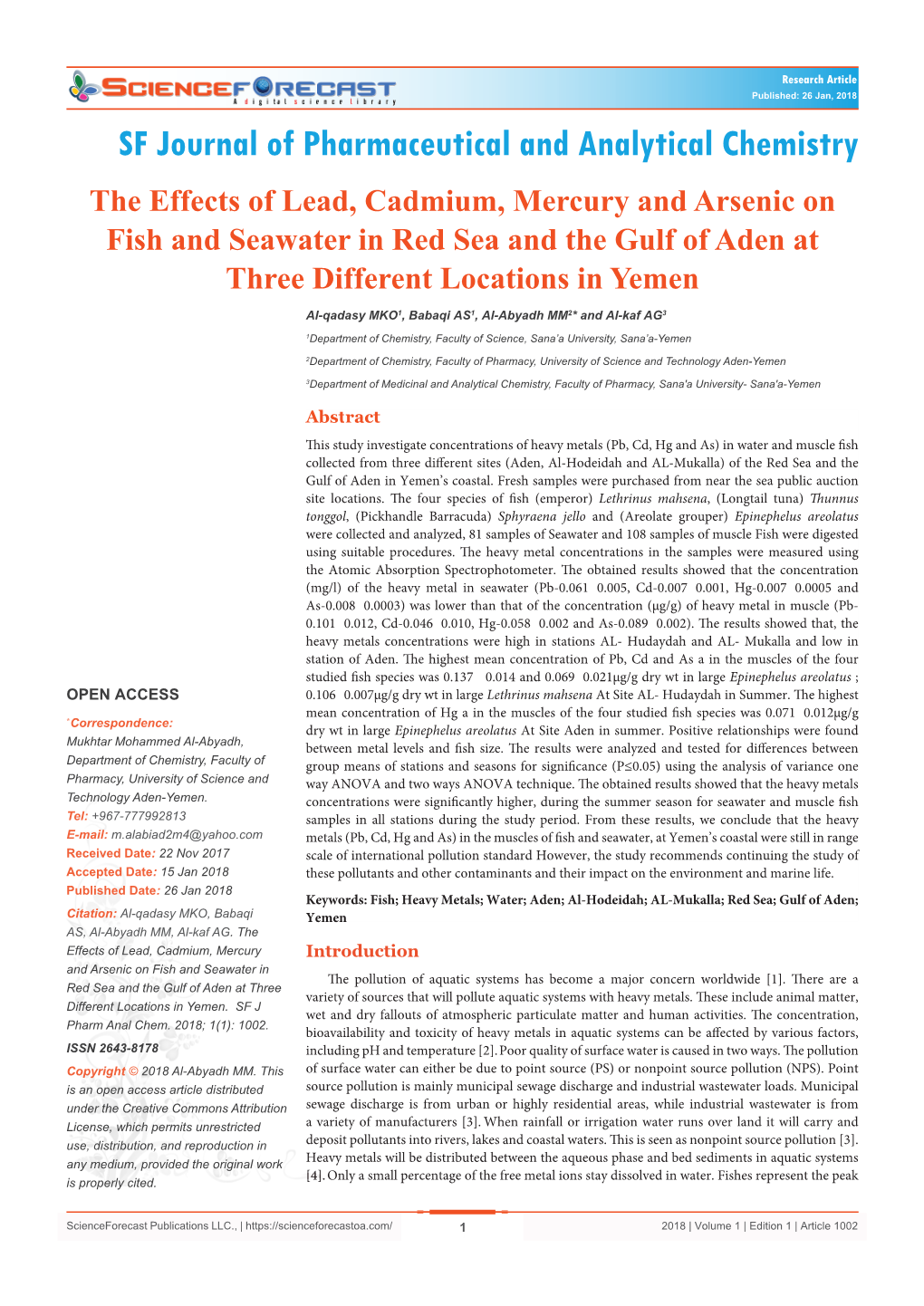 The Effects of Lead, Cadmium, Mercury and Arsenic on Fish and Seawater in Red Sea and the Gulf of Aden at Three Different Locations in Yemen