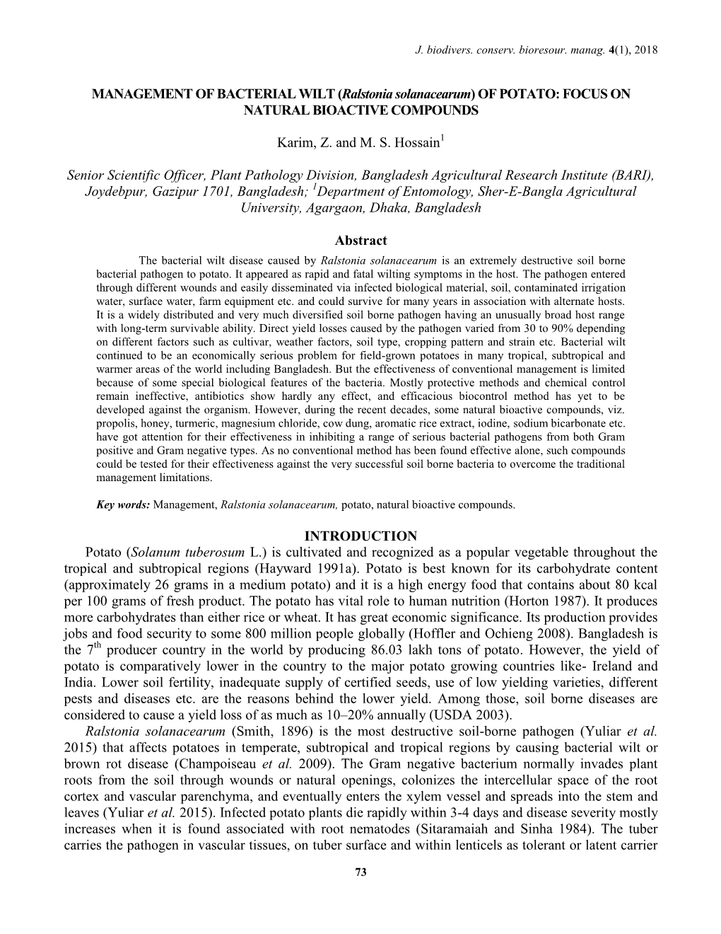 MANAGEMENT of BACTERIAL WILT (Ralstonia Solanacearum) of POTATO: FOCUS on NATURAL BIOACTIVE COMPOUNDS Karim, Z. and M. S. Hossai