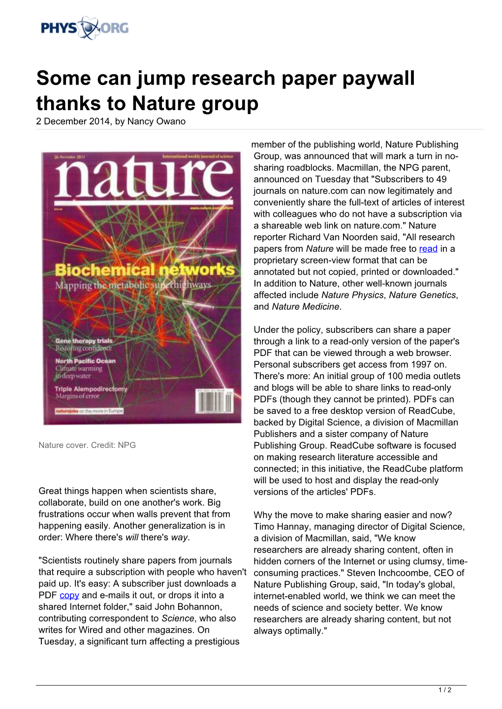 Some Can Jump Research Paper Paywall Thanks to Nature Group 2 December 2014, by Nancy Owano