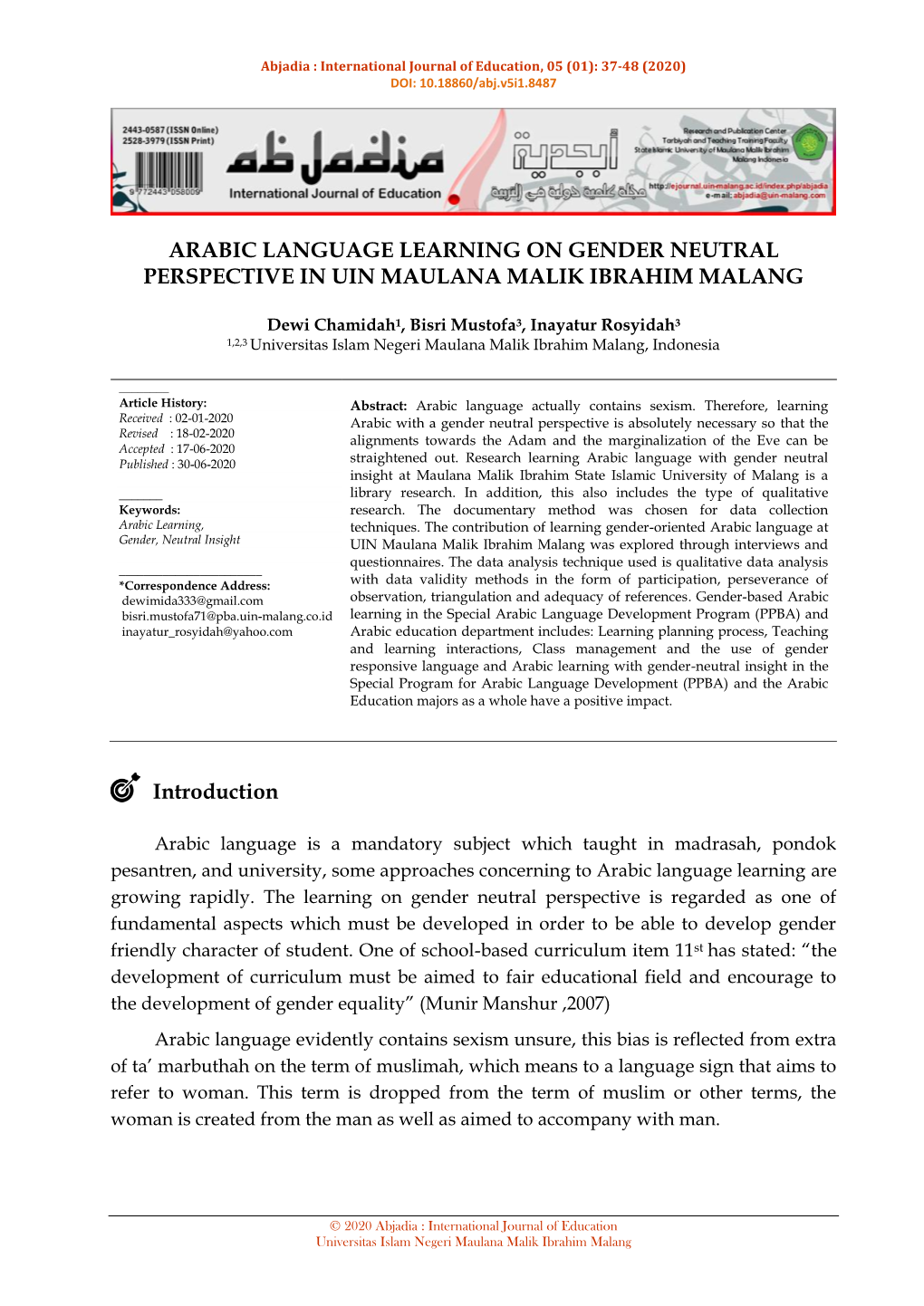 Arabic Language Learning on Gender Neutral Perspective in Uin Maulana Malik Ibrahim Malang