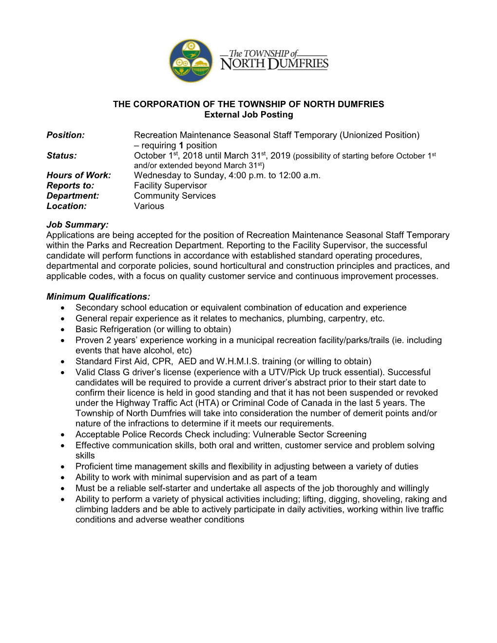 THE CORPORATION of the TOWNSHIP of NORTH DUMFRIES External Job Posting