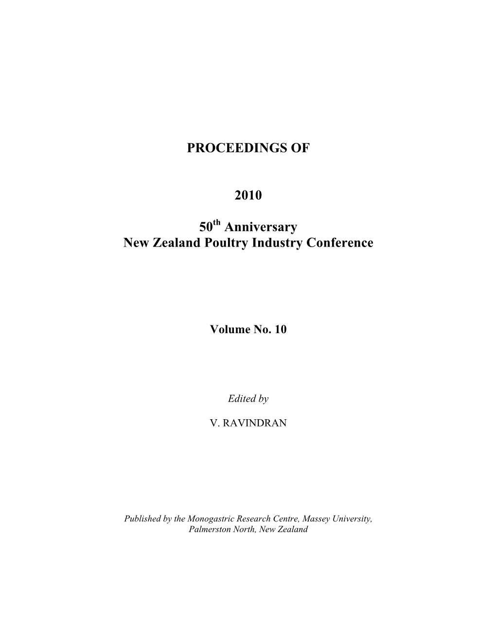 PROCEEDINGS of 2010 50 Anniversary New Zealand Poultry Industry Conference