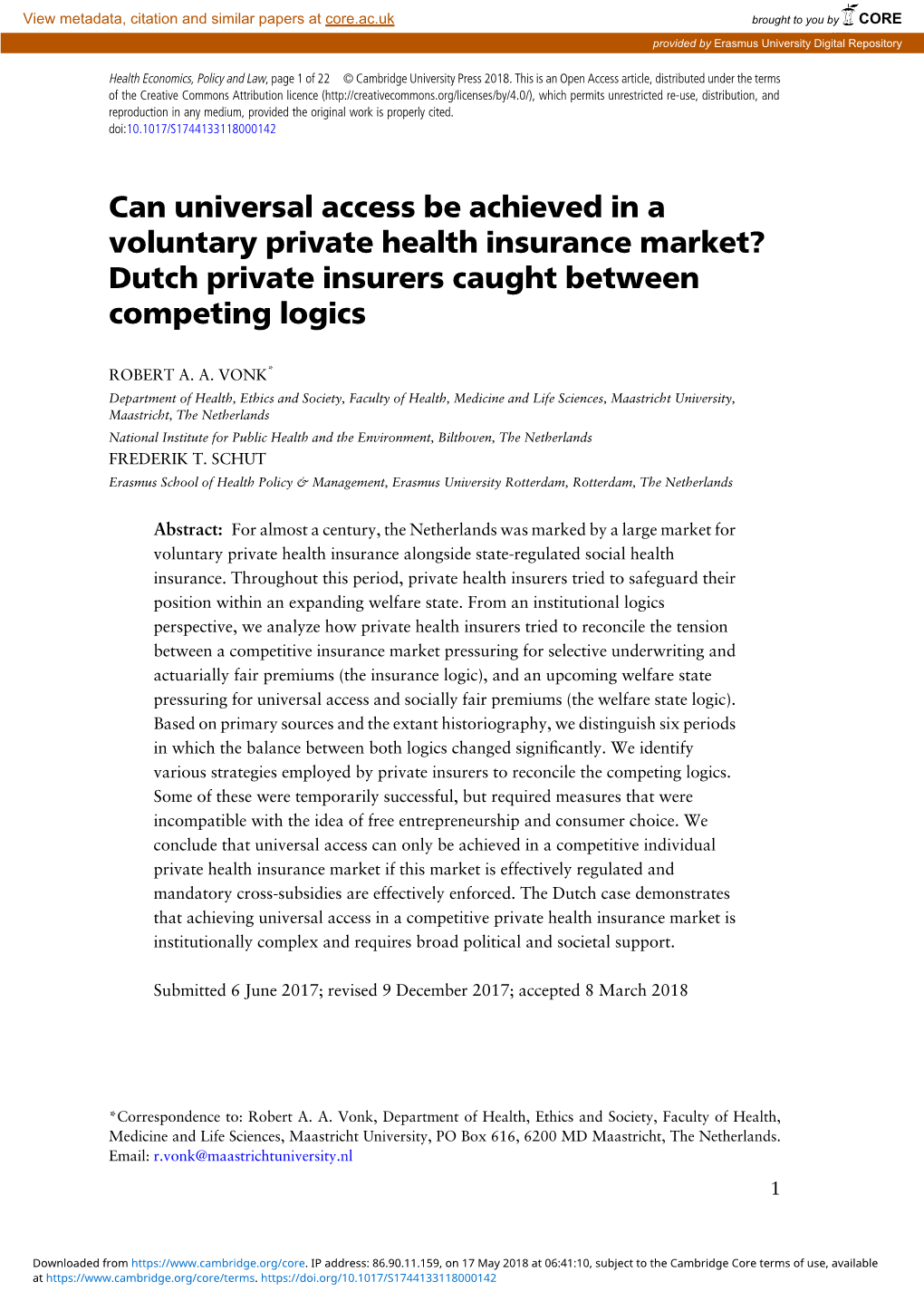 Can Universal Access Be Achieved in a Voluntary Private Health Insurance Market? Dutch Private Insurers Caught Between Competing Logics