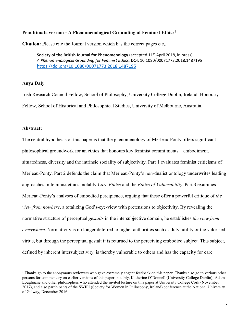 A Phenomenological Grounding of Feminist Ethics1 Citation