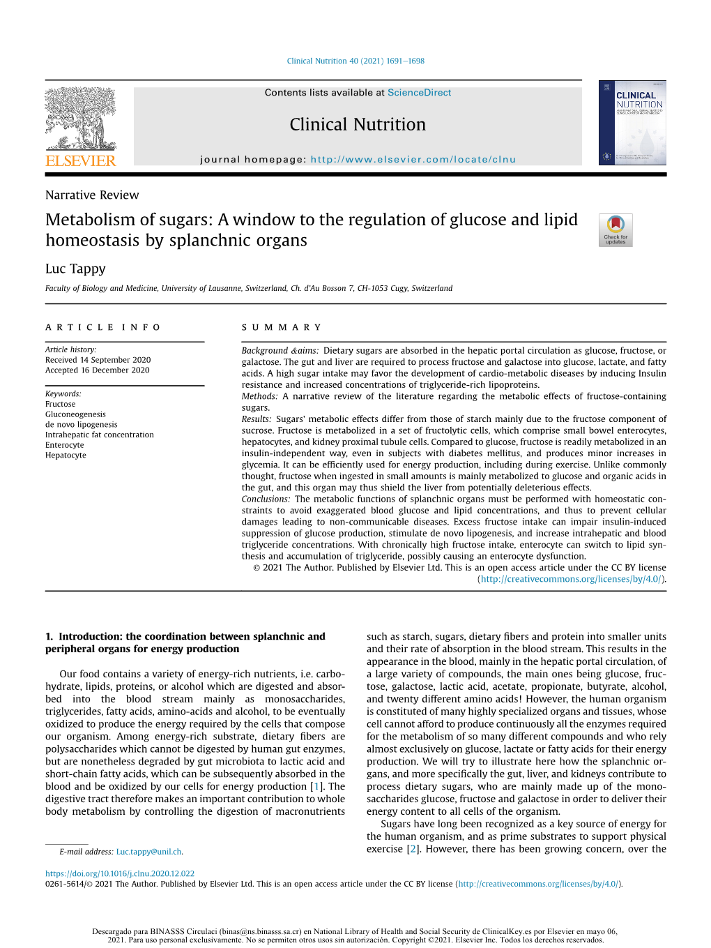 Metabolism of Sugars: a Window to the Regulation of Glucose and Lipid Homeostasis by Splanchnic Organs