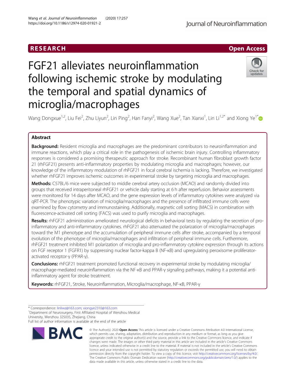 FGF21 Alleviates Neuroinflammation Following Ischemic Stroke By