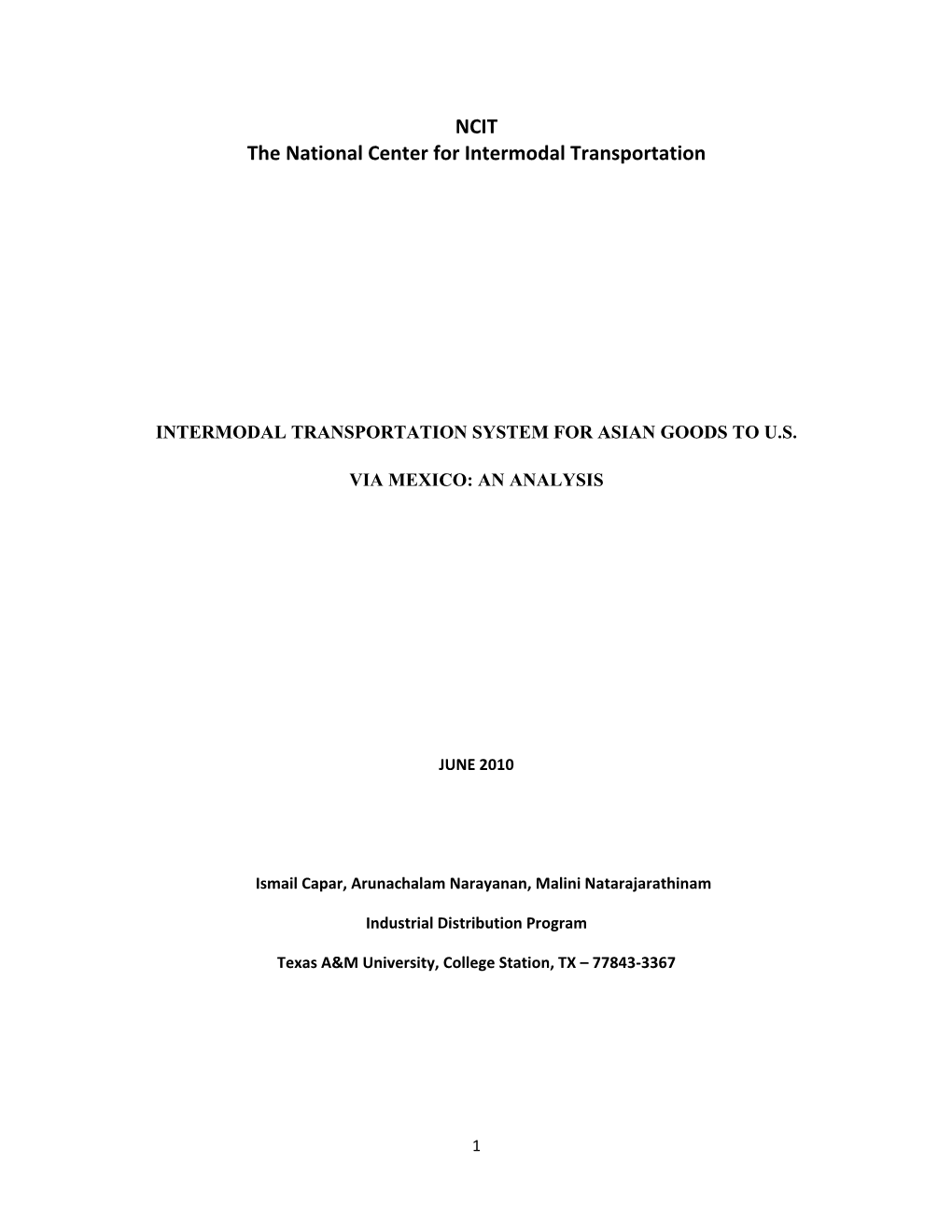 NCIT the National Center for Intermodal Transportation