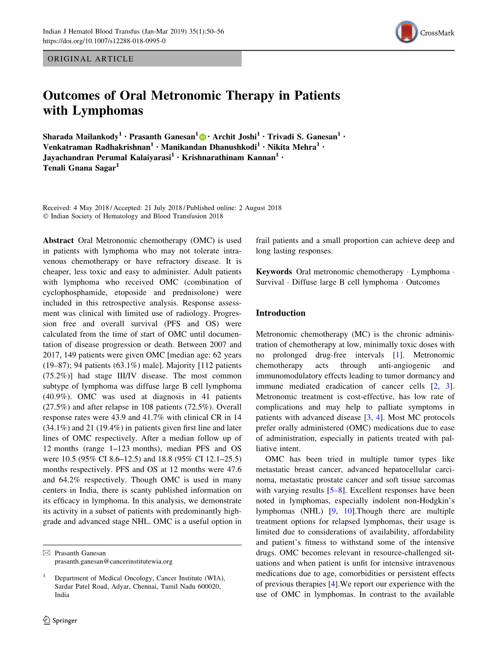 Outcomes of Oral Metronomic Therapy in Patients with Lymphomas