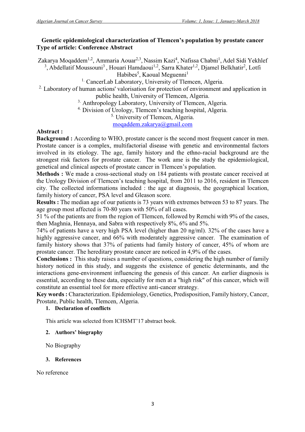 Genetic Epidemiological Characterization of Tlemcen's