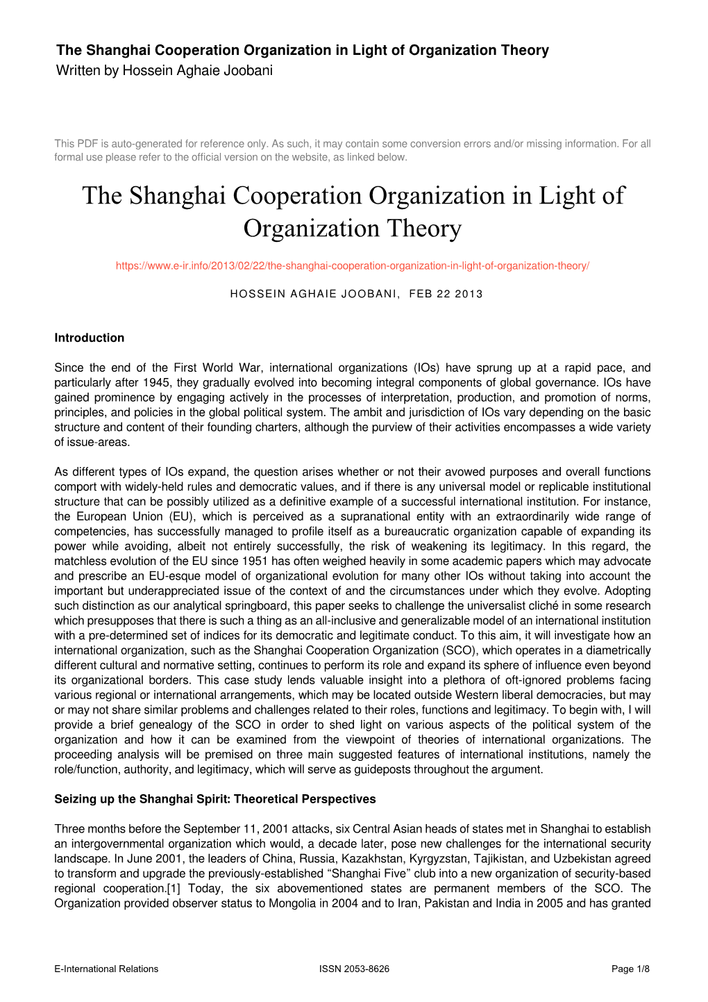 The Shanghai Cooperation Organization in Light of Organization Theory Written by Hossein Aghaie Joobani