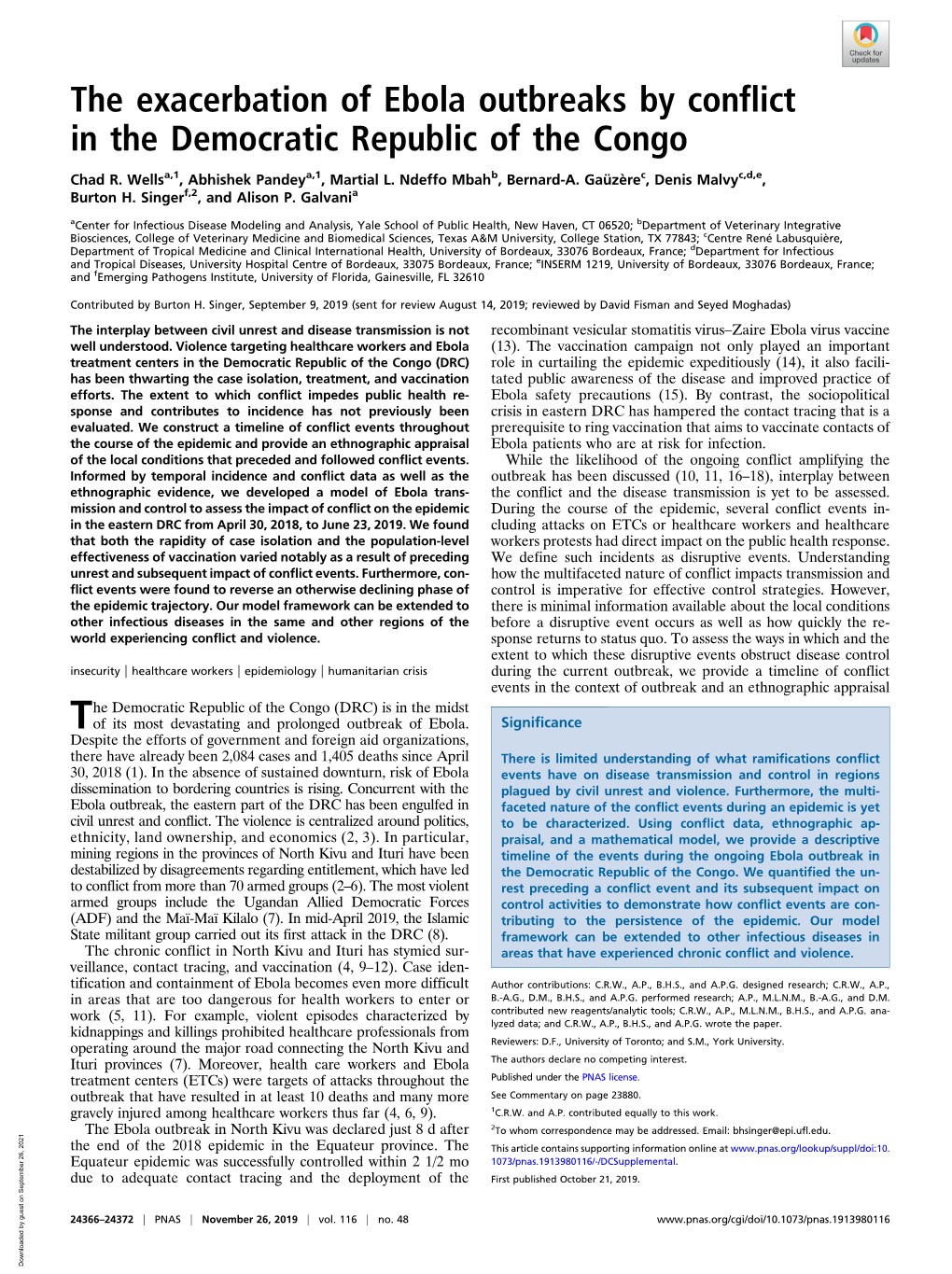 The Exacerbation of Ebola Outbreaks by Conflict in the Democratic Republic of the Congo