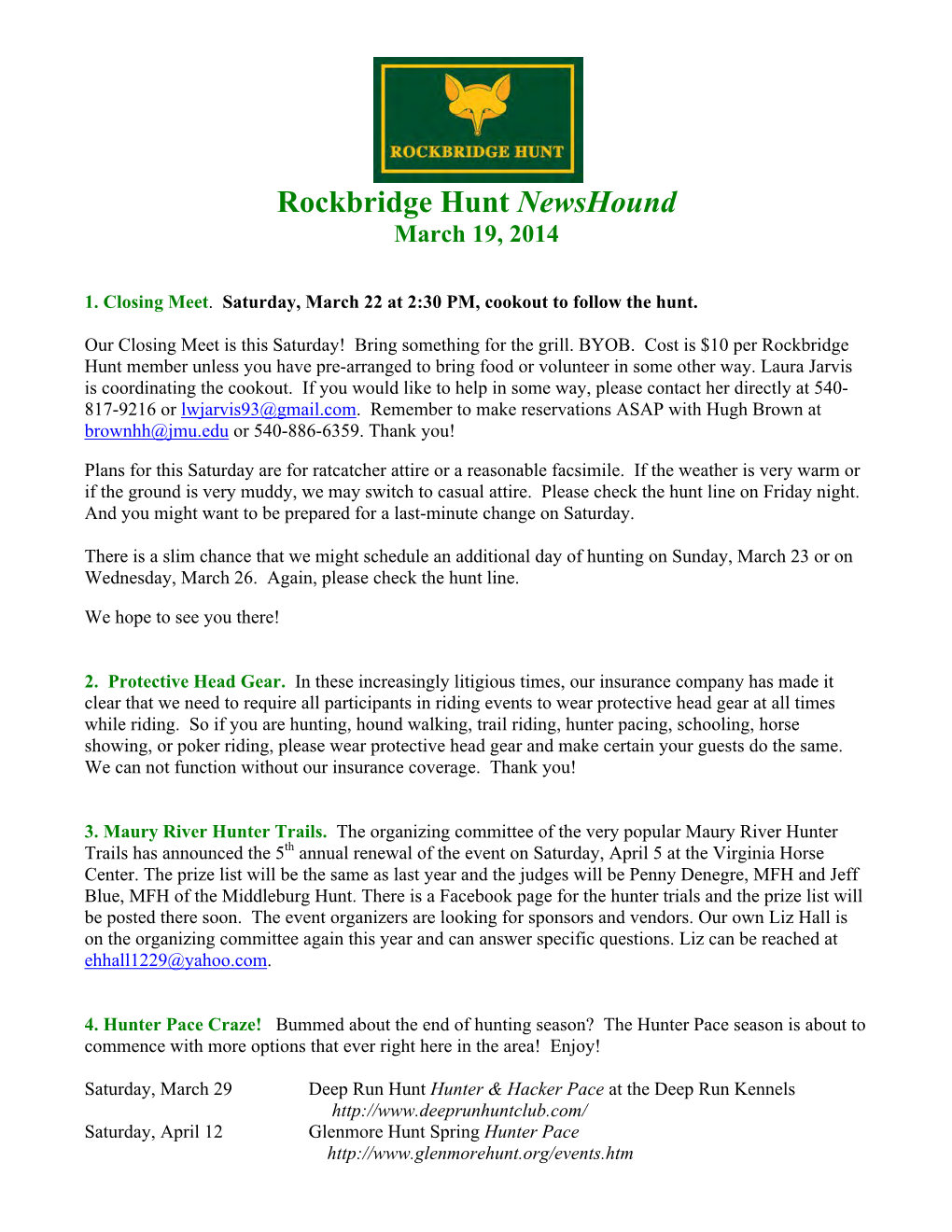 Rockbridge Hunt Newshound March 19, 2014