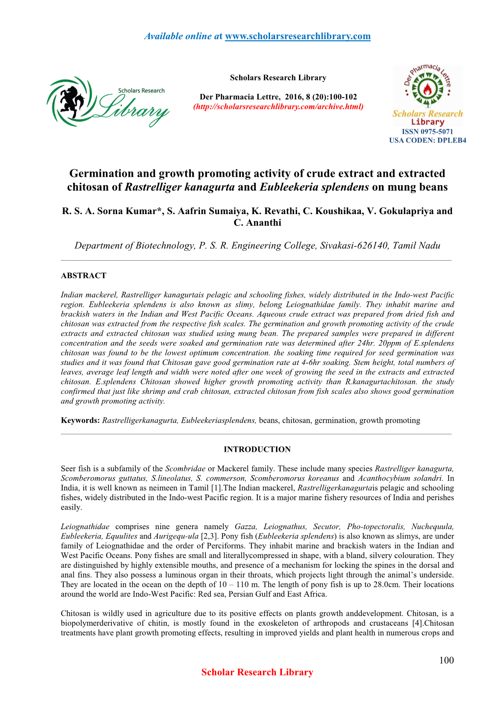 Germination and Growth Promoting Activity of Crude Extract and Extracted Chitosan of Rastrelliger Kanagurta and Eubleekeria Splendens on Mung Beans