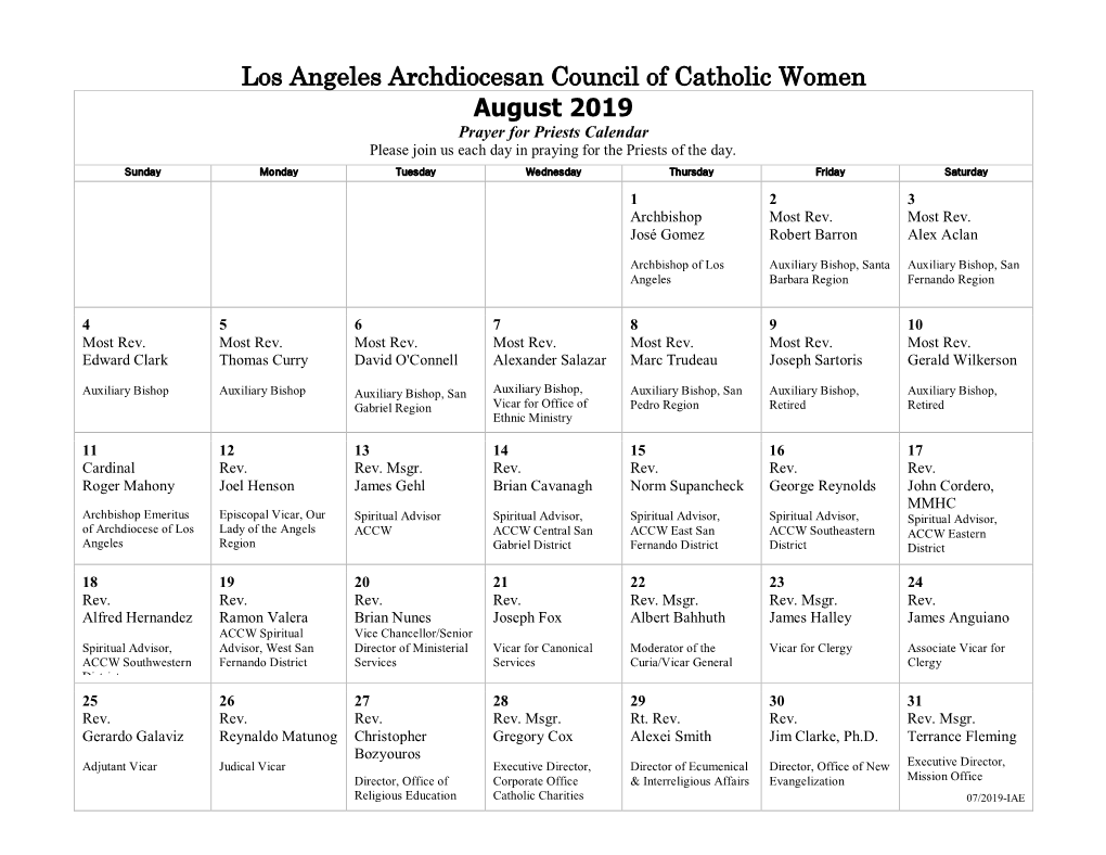 Los Angeles Archdiocesan Council of Catholic Women August 2019 Prayer for Priests Calendar Please Join Us Each Day in Praying for the Priests of the Day