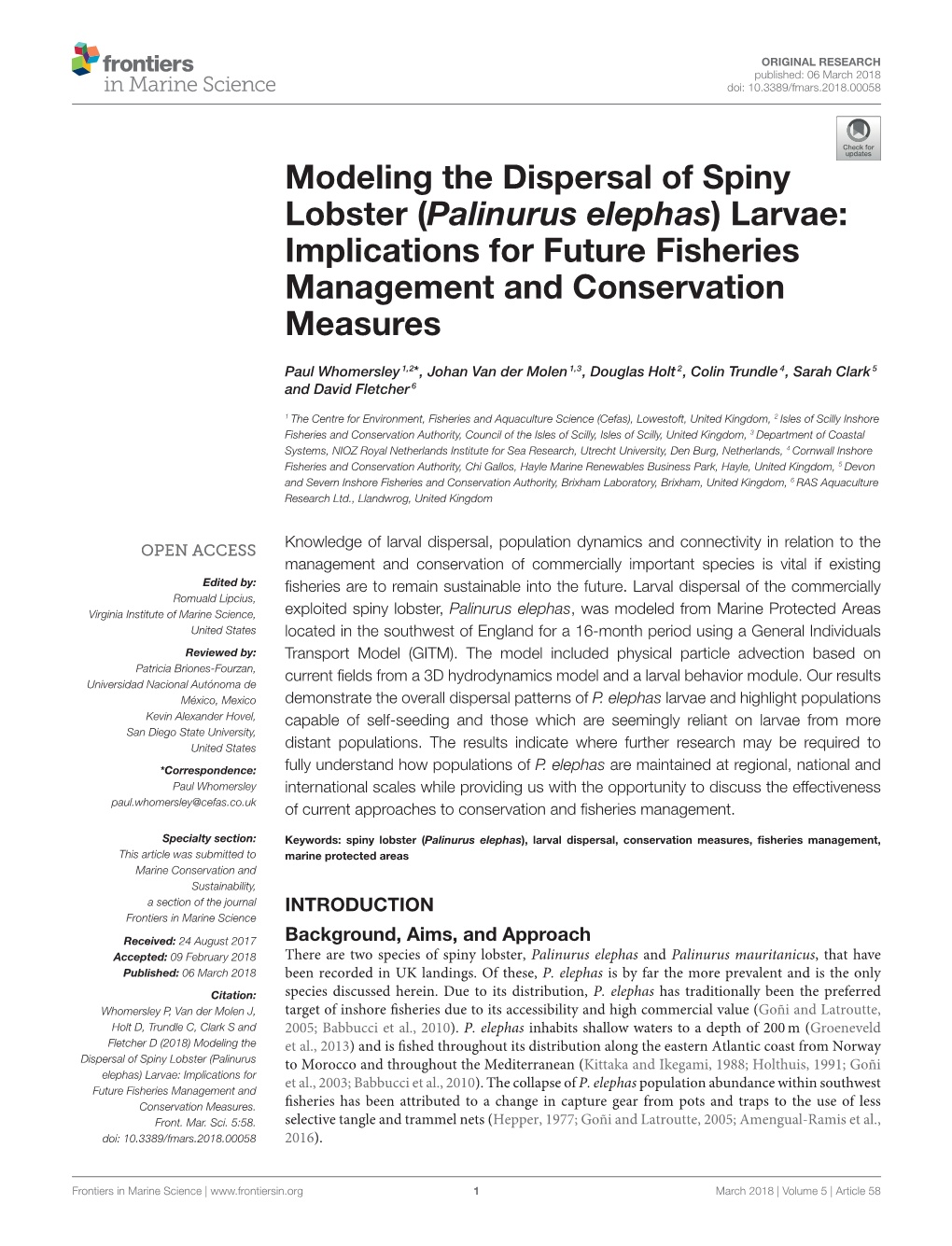 Modeling the Dispersal of Spiny Lobster (Palinurus Elephas) Larvae: Implications for Future Fisheries Management and Conservation Measures