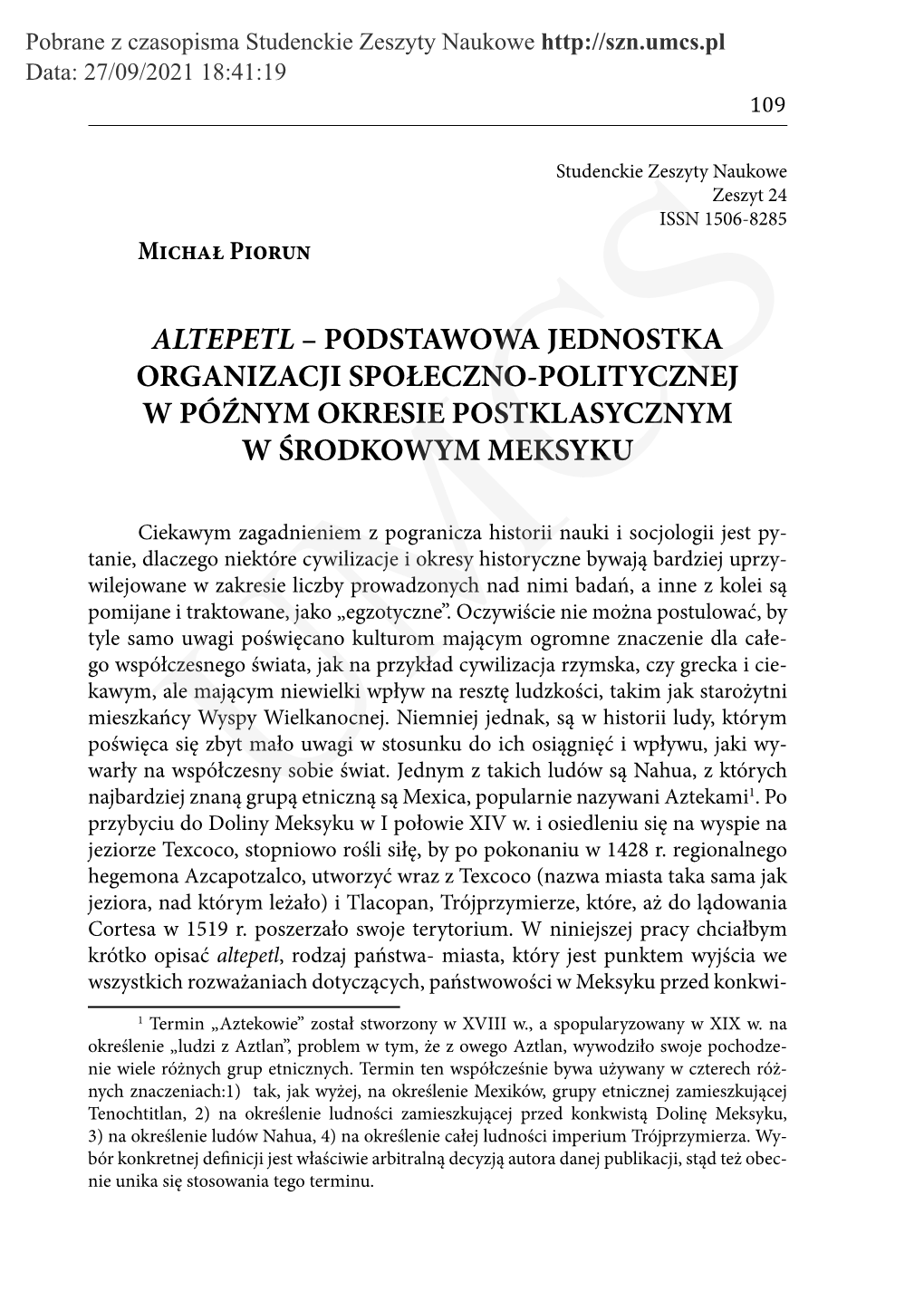 Altepetl – Podstawowa Jednostka Organizacji Społeczno-Politycznej W Późnym Okresie Postklasycznym W Środkowym Meksyku