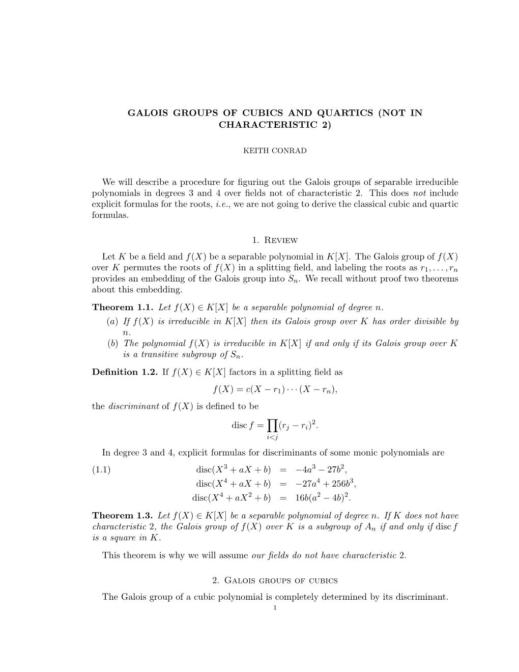 Galois Groups of Cubics and Quartics (Not in Characteristic 2)