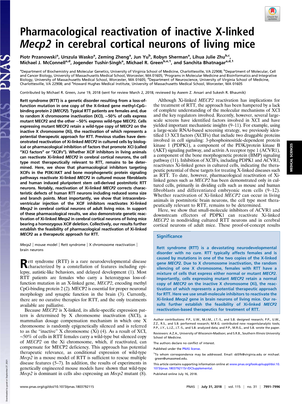 Pharmacological Reactivation of Inactive X-Linked Mecp2 in Cerebral Cortical Neurons of Living Mice