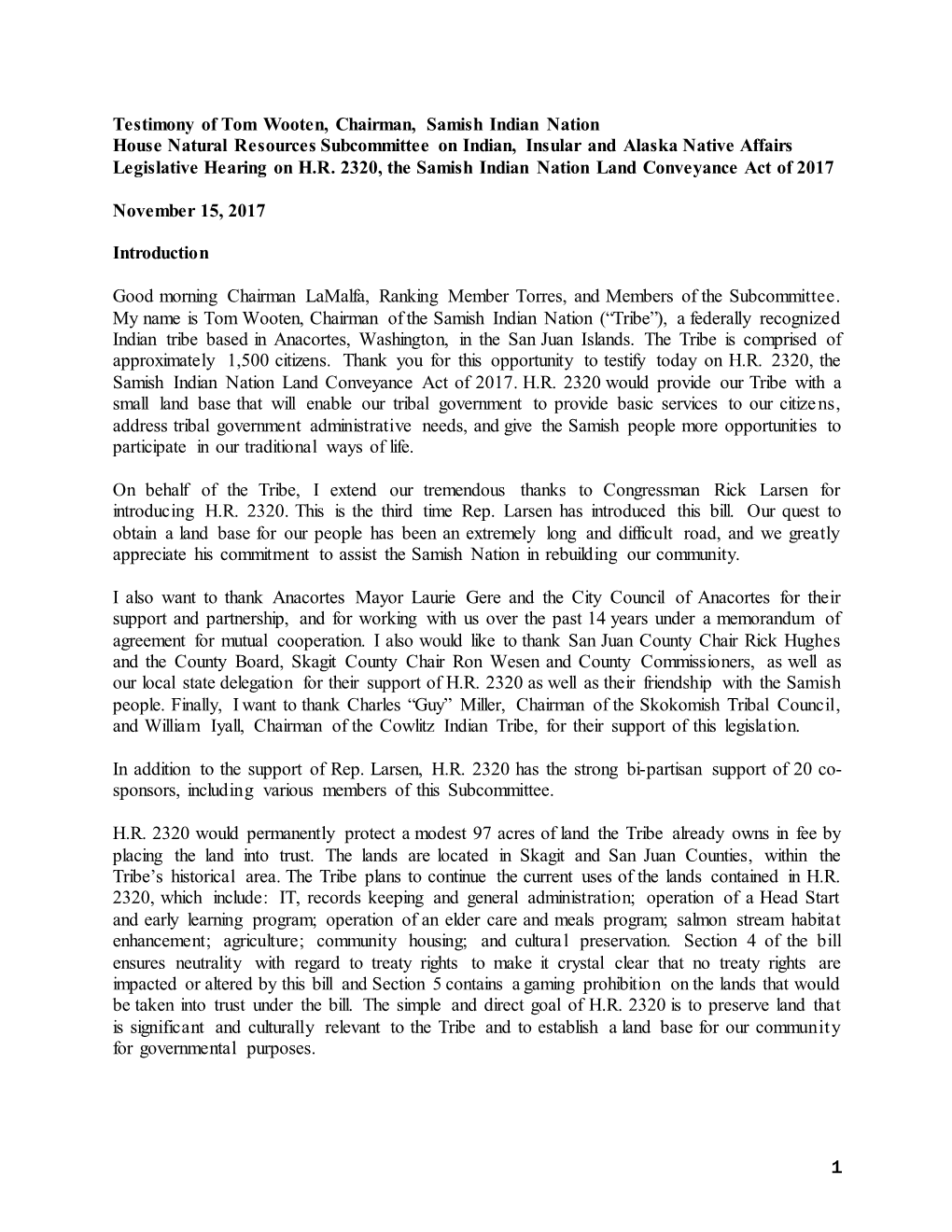 Testimony of Tom Wooten, Chairman, Samish Indian Nation House Natural Resources Subcommittee on Indian, Insular and Alaska Native Affairs Legislative Hearing on H.R