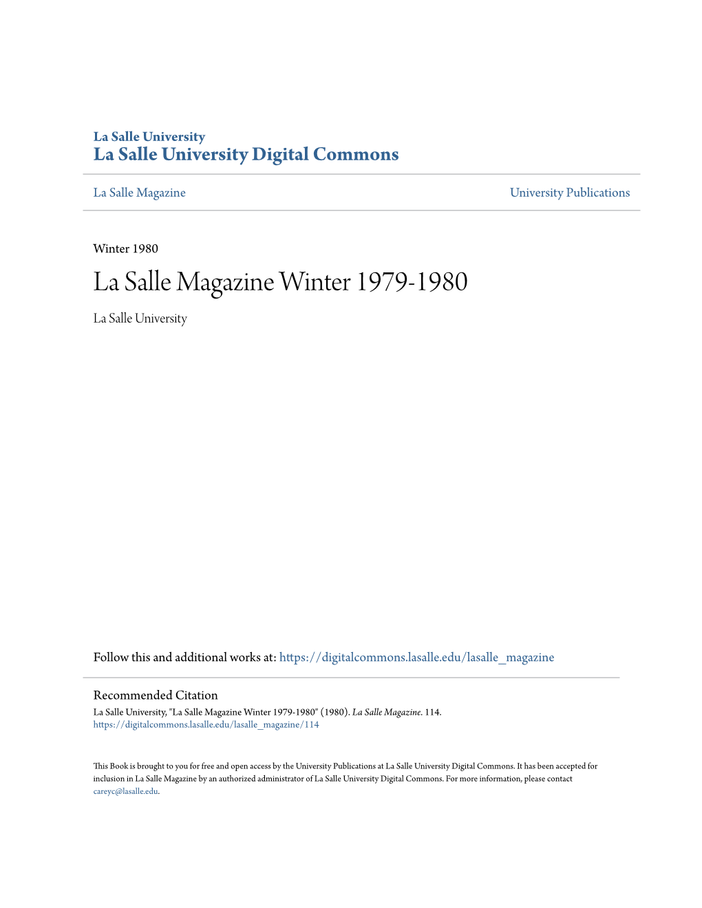 La Salle Magazine Winter 1979-1980 La Salle University