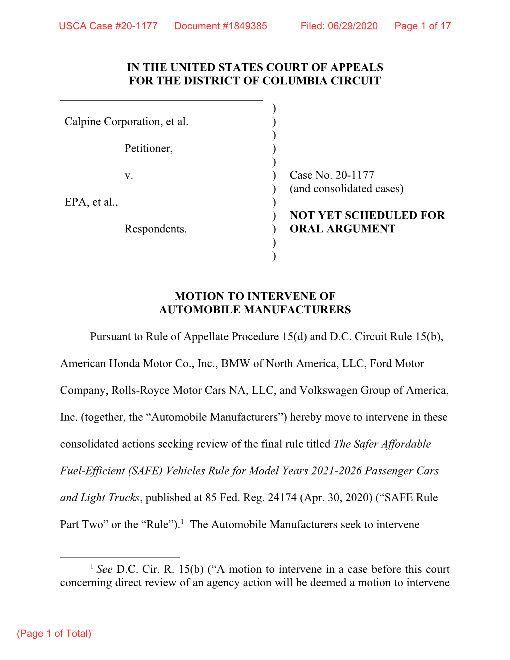 IN the UNITED STATES COURT of APPEALS for the DISTRICT of COLUMBIA CIRCUIT Calpine Corporation, Et Al. Petitioner, V. EPA, Et Al