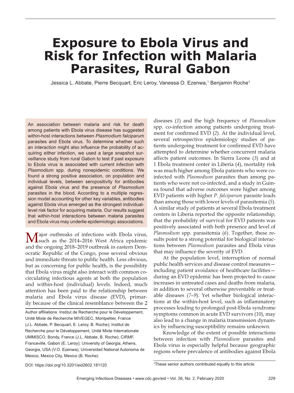 Exposure to Ebola Virus and Risk for Infection with Malaria Parasites, Rural Gabon Jessica L