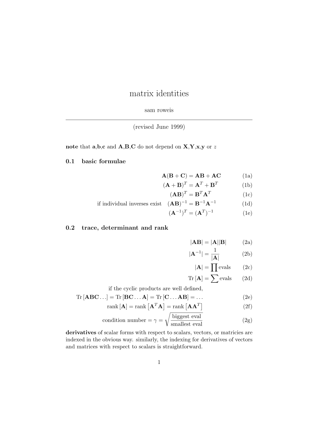 Sam Roweis' Notes on Matrix Identities