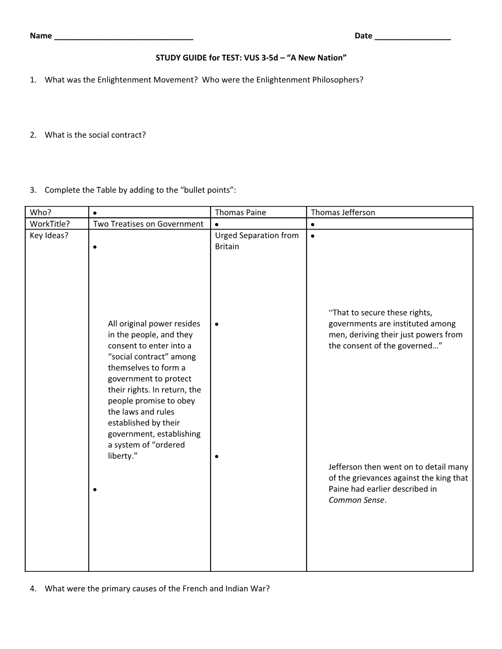 STUDY GUIDE for TEST: VUS 3-5D a New Nation