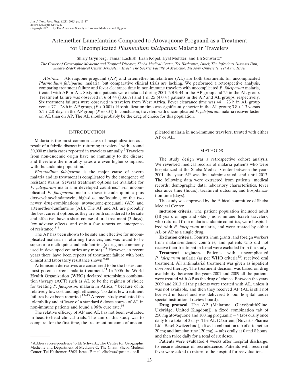 Artemether-Lumefantrine Compared to Atovaquone-Proguanil As a Treatment for Uncomplicated Plasmodium Falciparum Malaria in Travelers