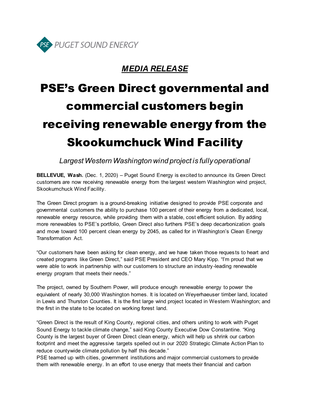 PSE's Green Direct Governmental and Commercial Customers Begin Receiving Renewable Energy from the Skookumchuck Wind Facility