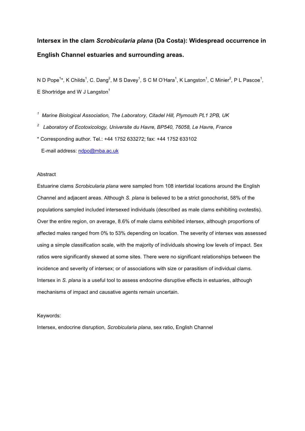 Intersex in the Clam Scrobicularia Plana (Da Costa): Widespread Occurrence In