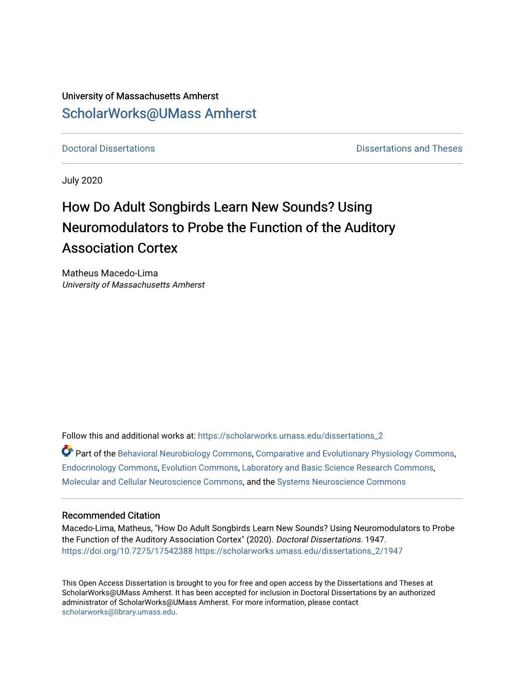 How Do Adult Songbirds Learn New Sounds? Using Neuromodulators to Probe the Function of the Auditory Association Cortex