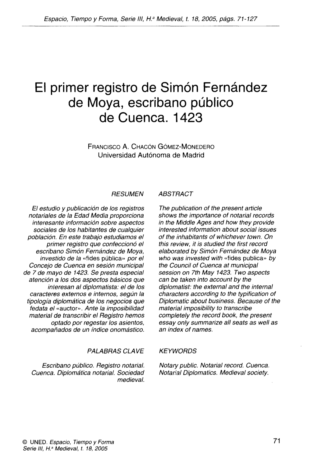El Primer Registro De Simón Fernández De Moya, Escribano Público De Cuenca