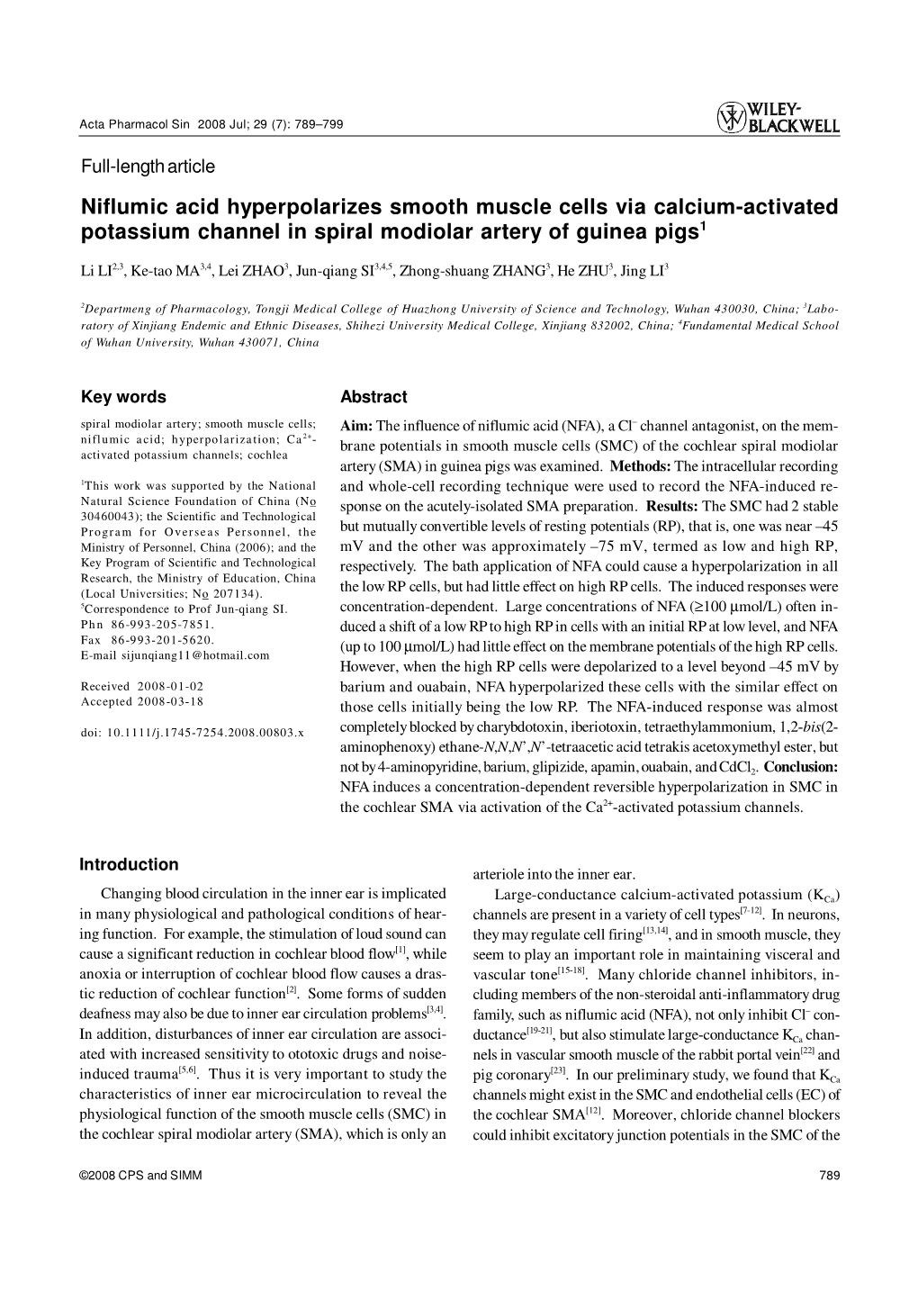 Niflumic Acid Hyperpolarizes Smooth Muscle Cells Via Calcium-Activated Potassium Channel in Spiral Modiolar Artery of Guinea Pigs1