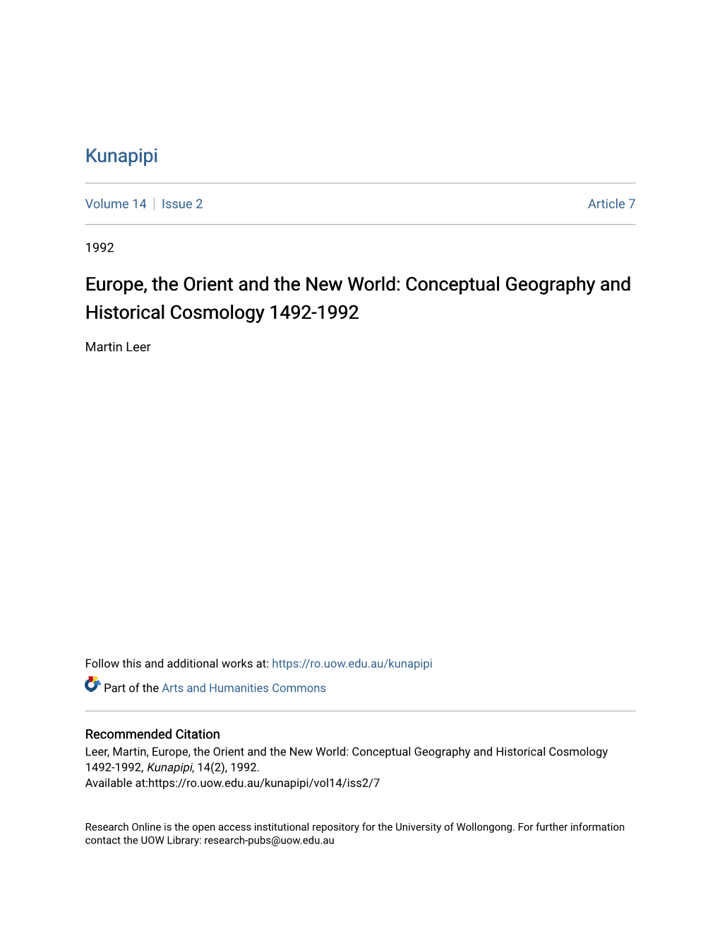 Europe, the Orient and the New World: Conceptual Geography and Historical Cosmology 1492-1992