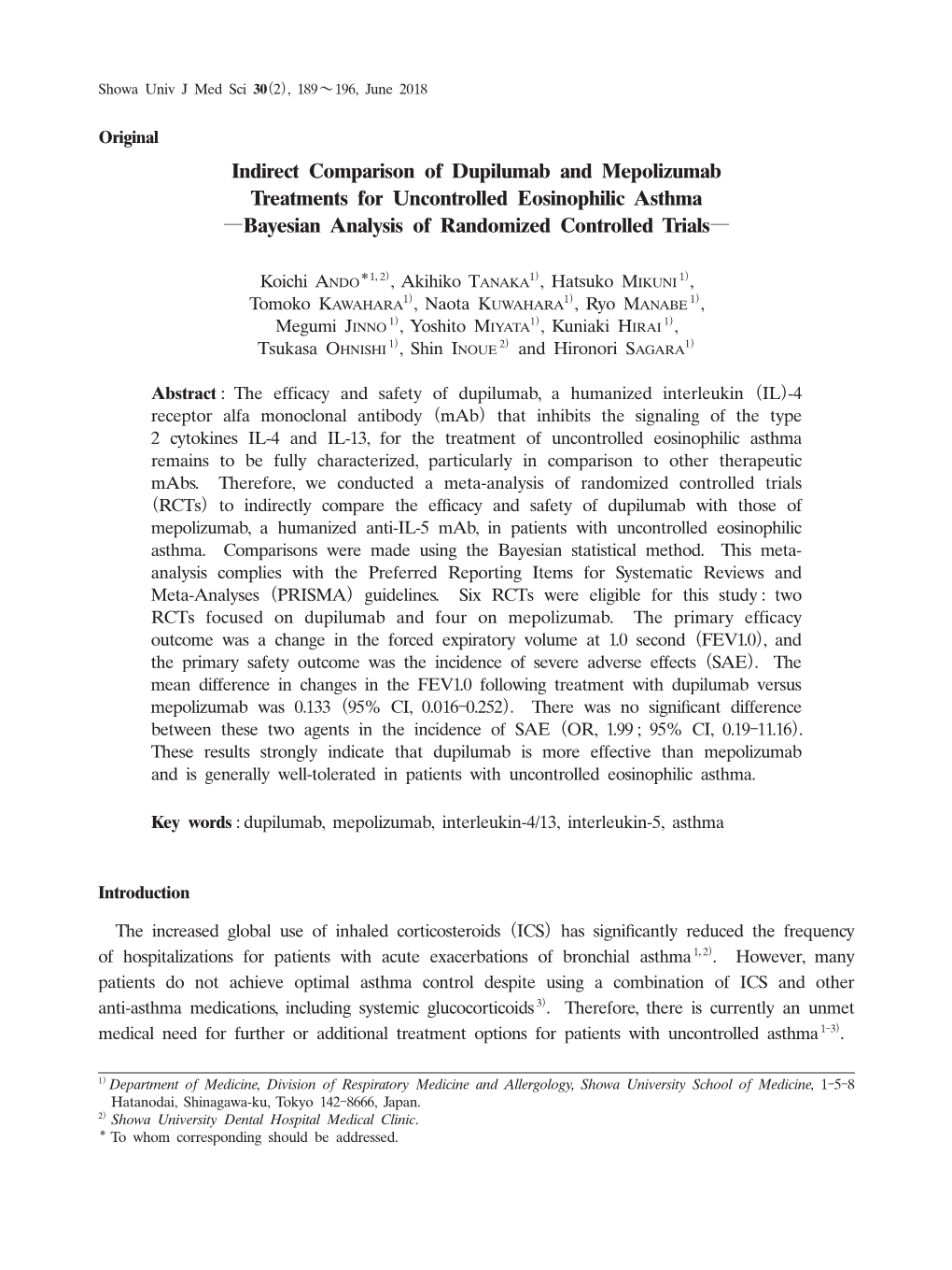 Indirect Comparison of Dupilumab and Mepolizumab Treatments for Uncontrolled Eosinophilic Asthma ―Bayesian Analysis of Randomized Controlled Trials―