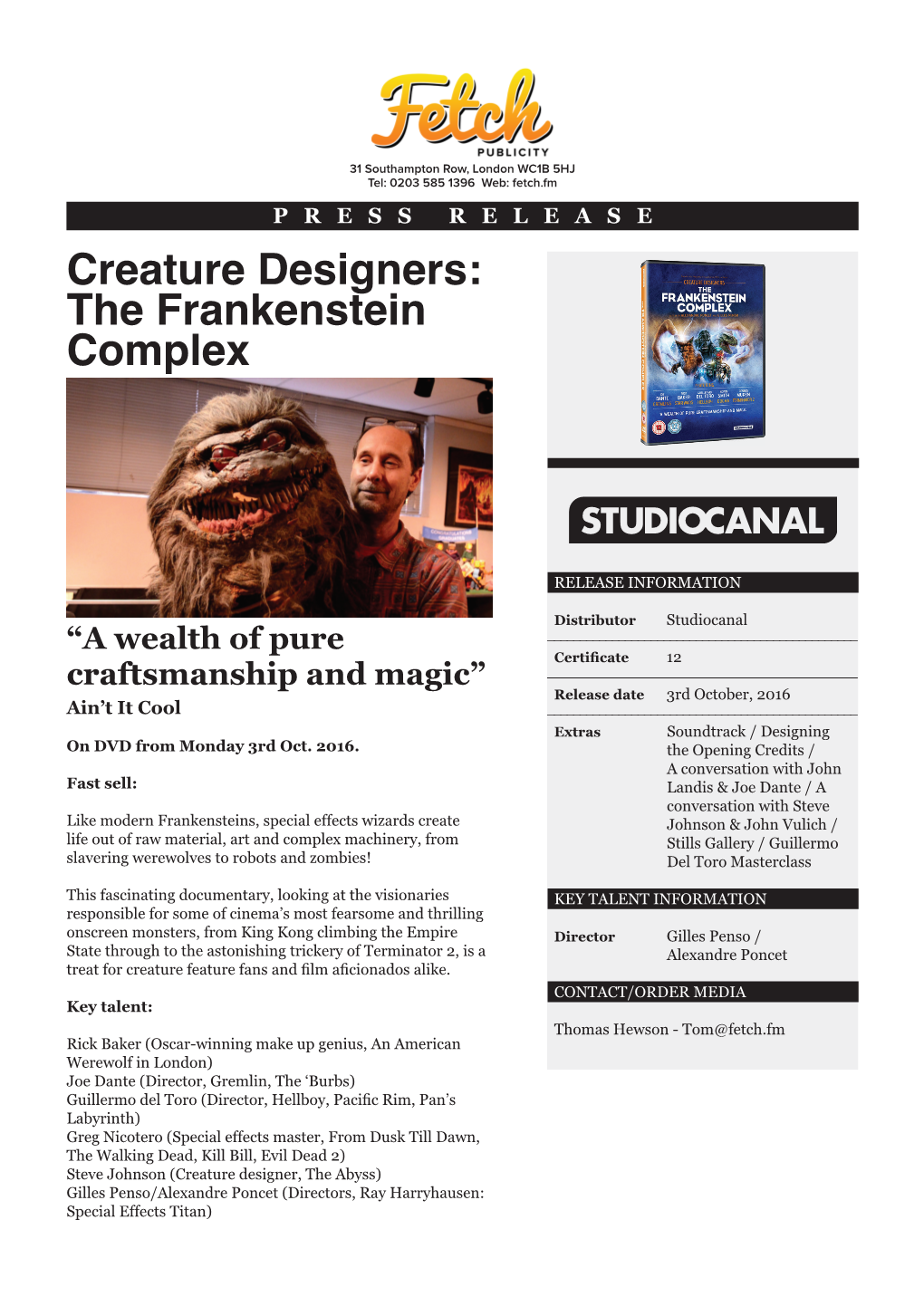 Creature Designers- the Frankenstein Complex Press Release.Indd