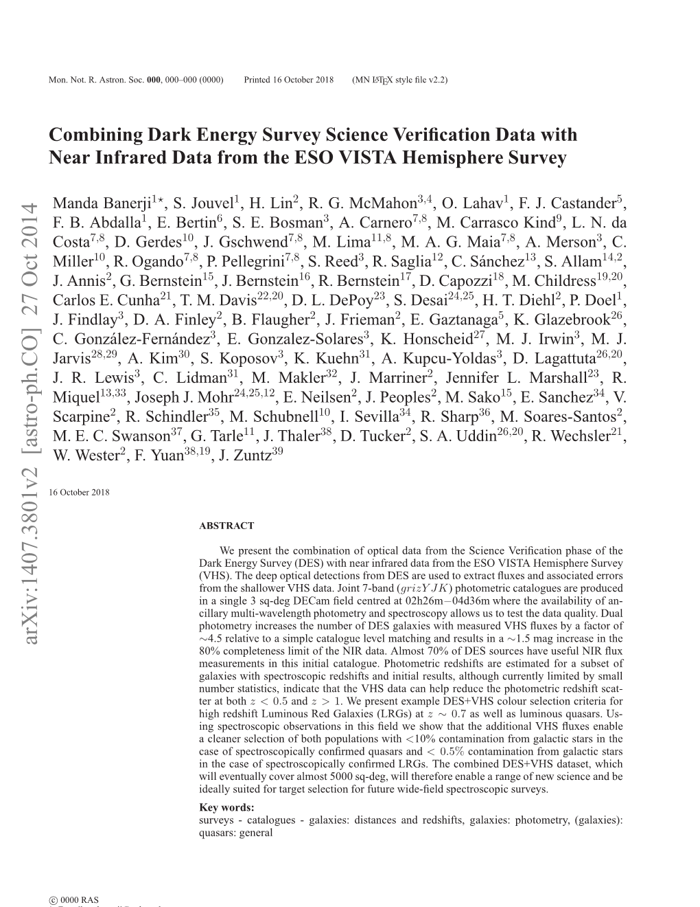 Combining Dark Energy Survey Science Verification Data with Near