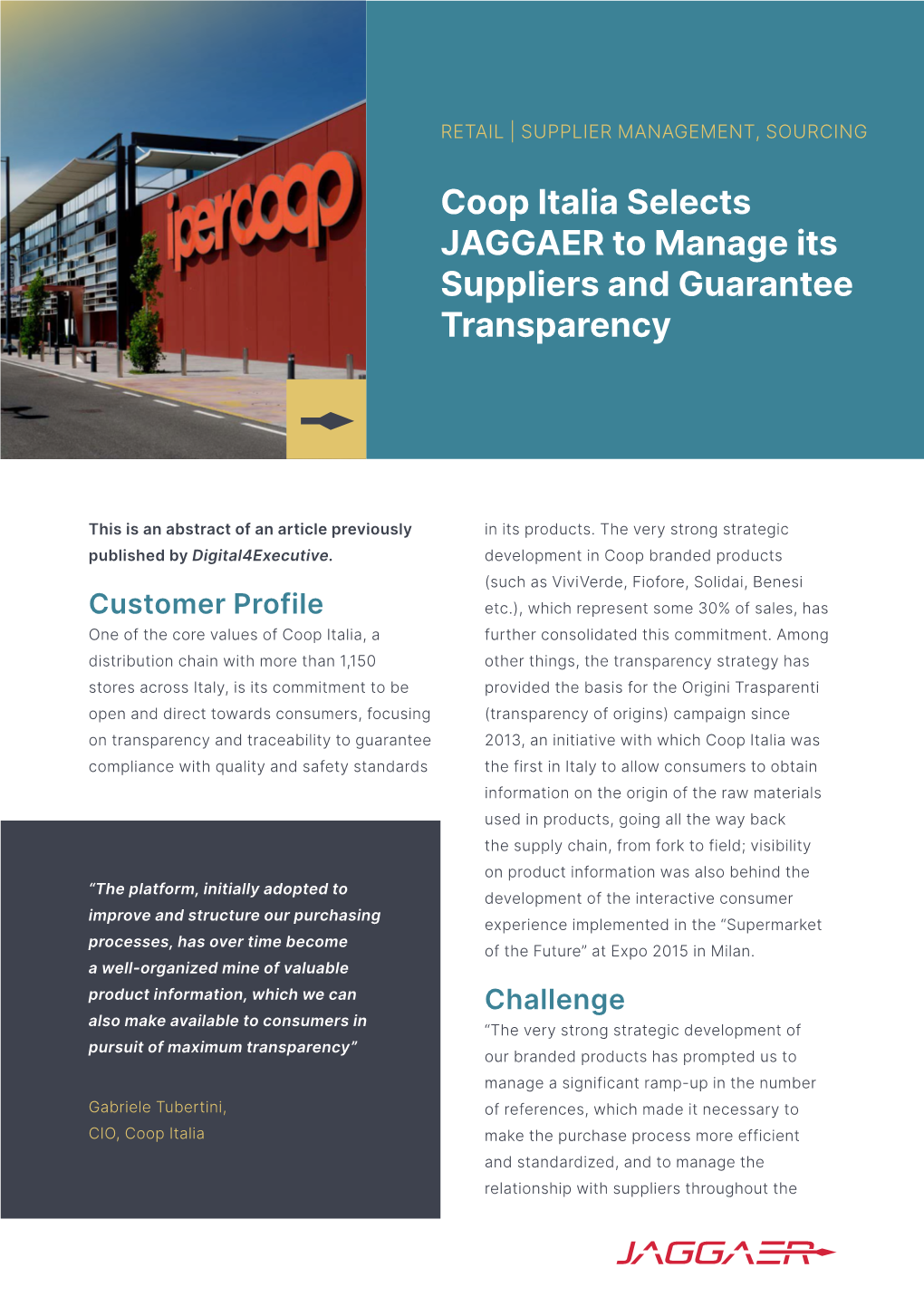 Coop Italia Selects JAGGAER to Manage Its Suppliers and Guarantee Transparency