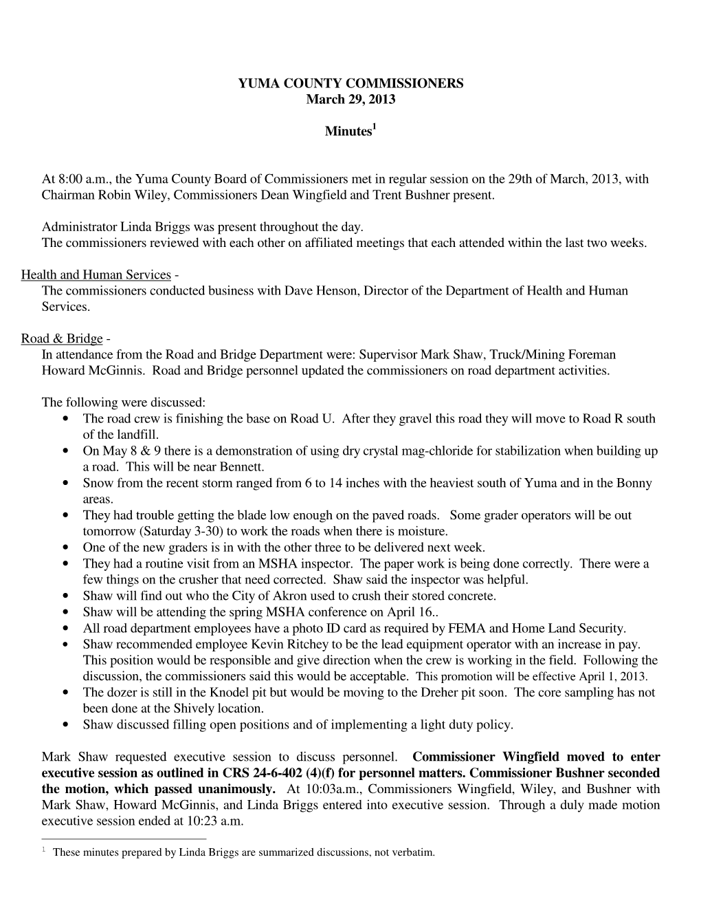 YUMA COUNTY COMMISSIONERS March 29, 2013 Minutes at 8:00