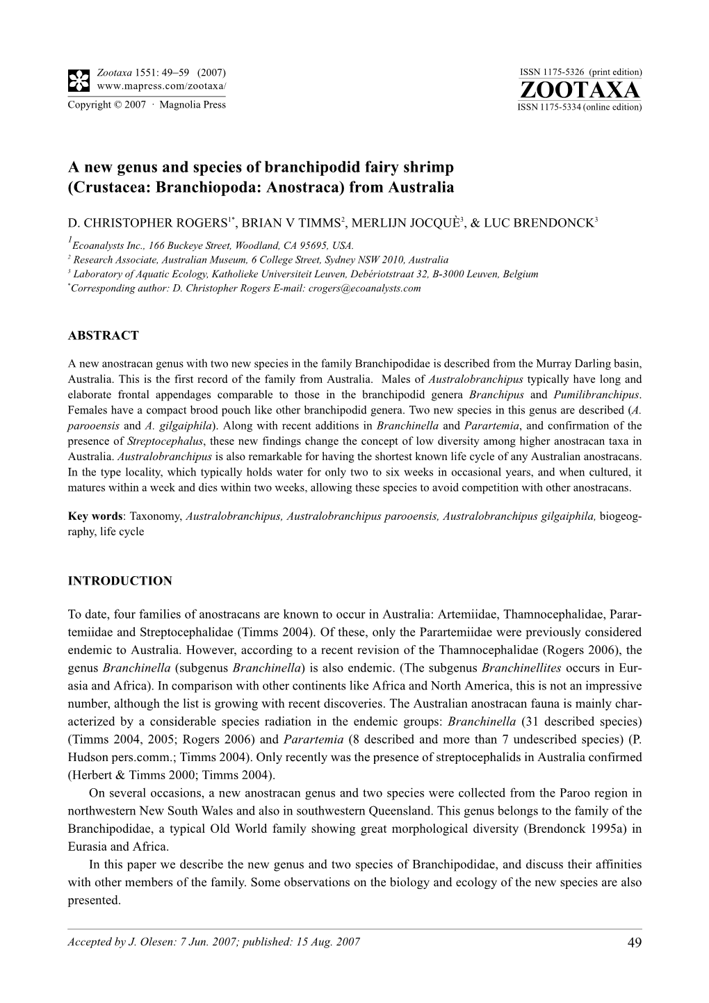 Zootaxa,A New Genus and Species of Branchipodid Fairy Shrimp