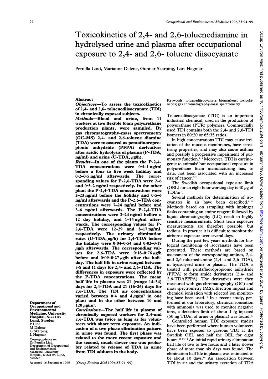 And 2,6-Toluenediamine in Hydrolysed Urine and Plasma After Occupational Exposure to 2,4- and 2,6- Toluene Diisocyanate 95