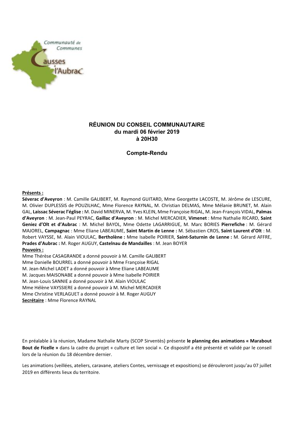 Compte Rendu Du Conseil Communautaire Du 06 Février 2019